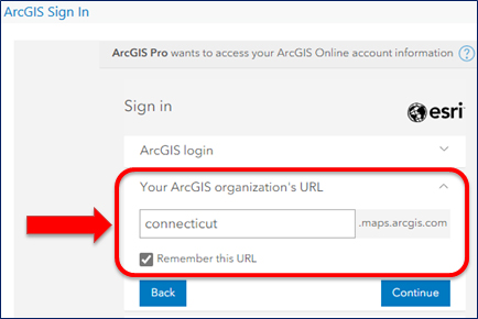 AGOL sign on page. Arrow pointing to the option to use your organizations URL