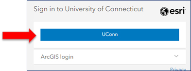 ESRI SSO box. Arrow pointing to the big blue button with the word UConn on it.